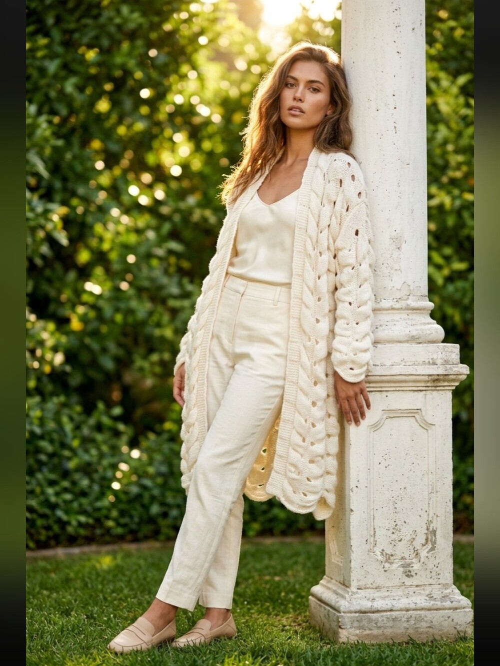 Open-Front Chunky Cable Knit Cardigan - Cream